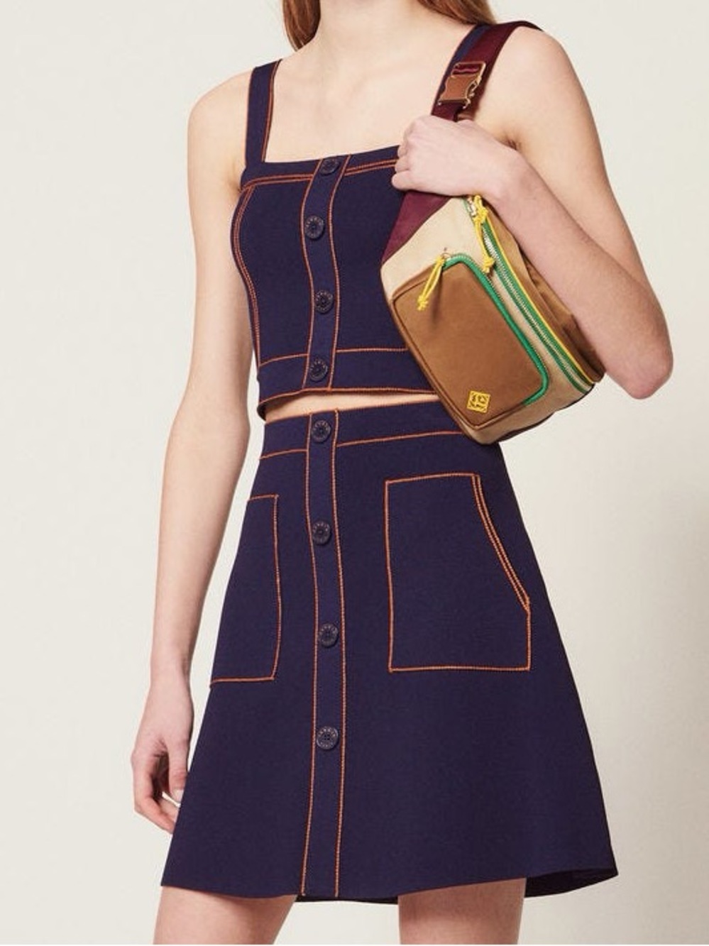 SANDRO SET Navy Contrast-Stitch Button Front Crop Top & Skirt Like new ! Xs-s
